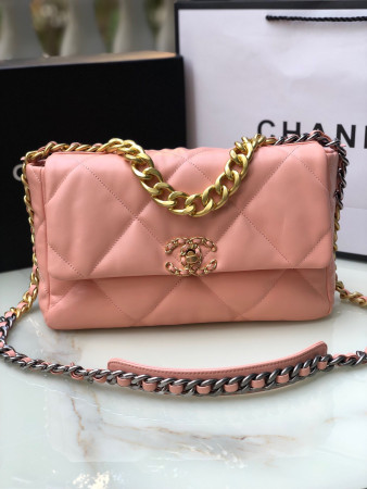 Ch*el 19 large handbag shiny leather, gold-tone, silver-tone & ruthenium-finish metal light pink 7.8 × 11.7 × 3.9 in