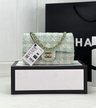 Ch*el mini classic 11.12 handbag tweed & gold-tone metal 4.7 × 7.8 × 2.3 in