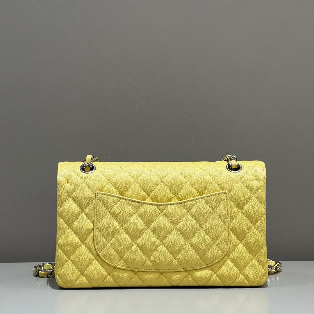 Ch*el classic handbag grained calfskin & silver - tone metal yellow 6×9.9×2.5in