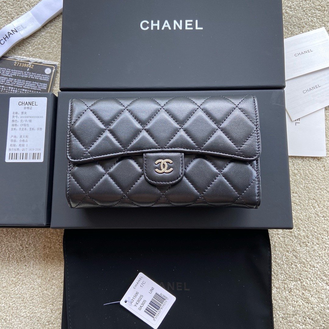 Ch*el flap wallet black silver 19.5 x10 cm