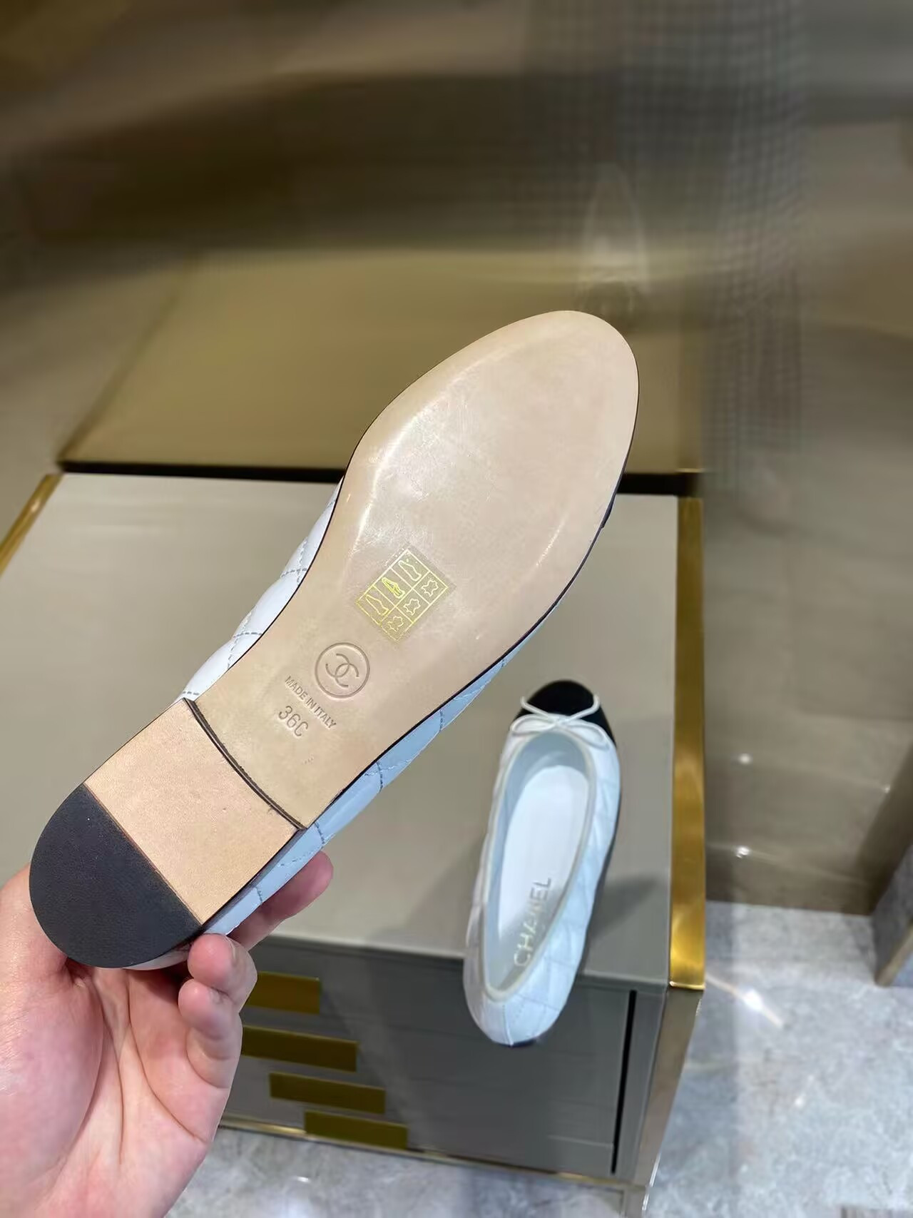 Ch*el ballet flats  aged calfskin white & black