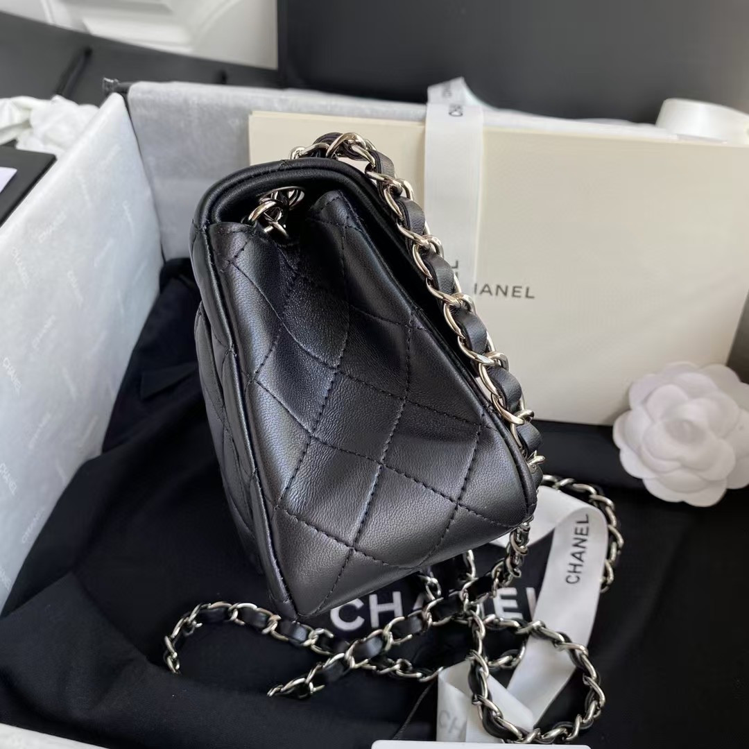 Ch*el mini classic handbag lambskin & silver-tone metal black 13.5x 17x8cm