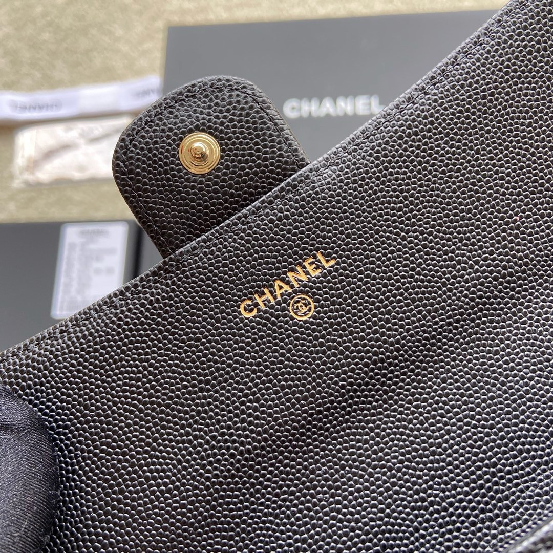 Ch*el flap wallet grained leather black gold 19.5 x10 cm