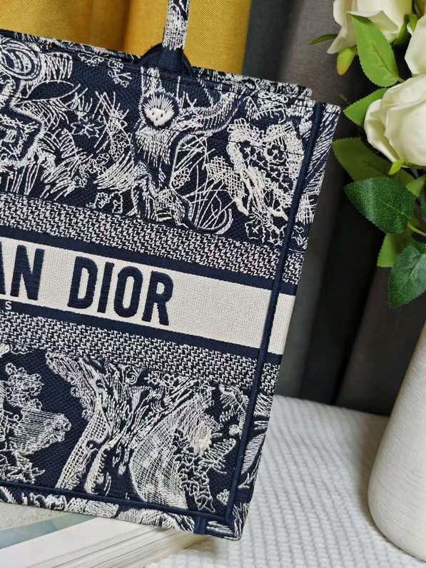 large D*or book tote blue and ecru toile de jouy reverse embroidery 16.5 x 14 x 7.5 inches