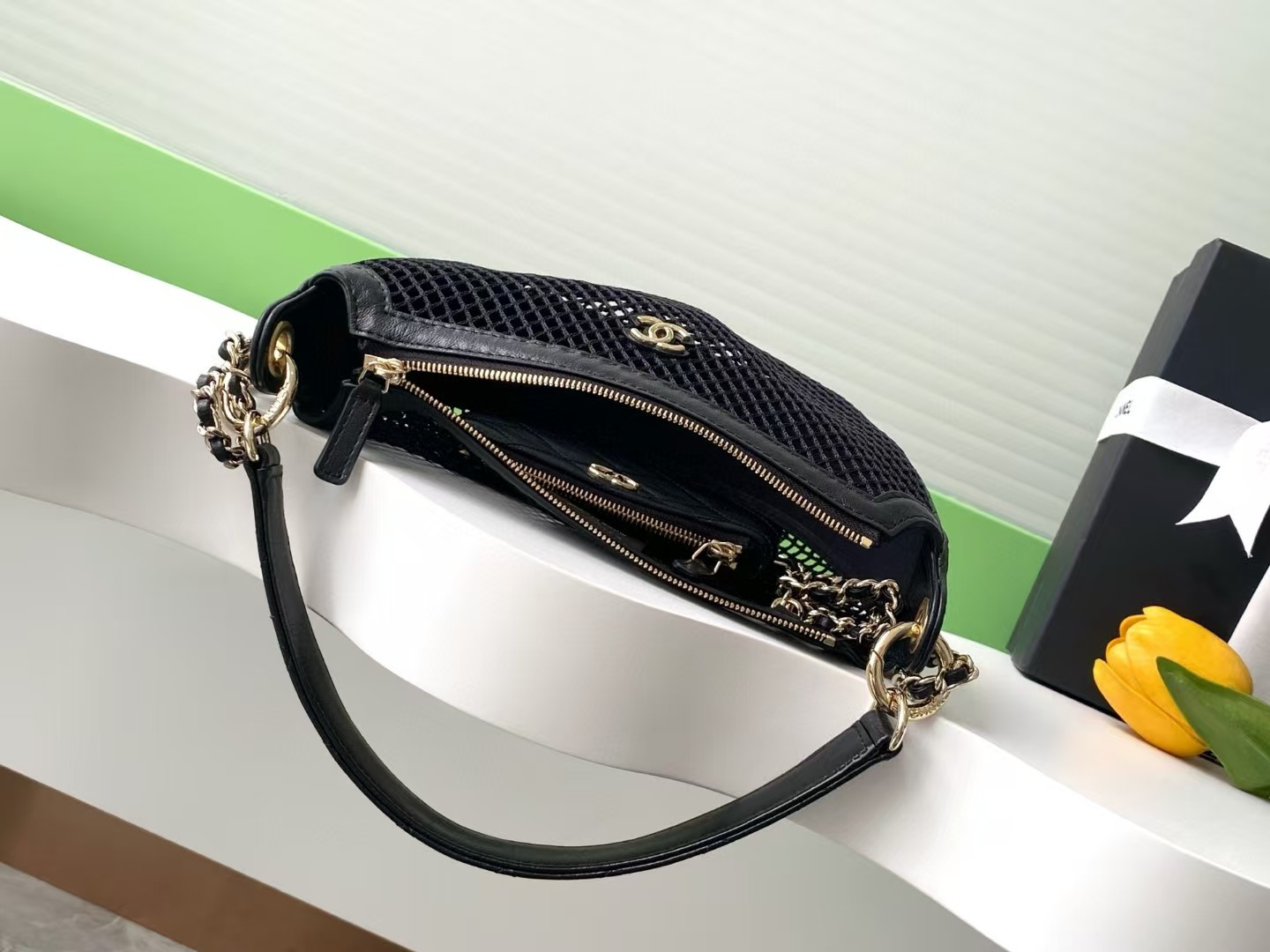 Ch*el clutch with chain mesh shiny lambskin gold tone -ap4573 15x22x6cm