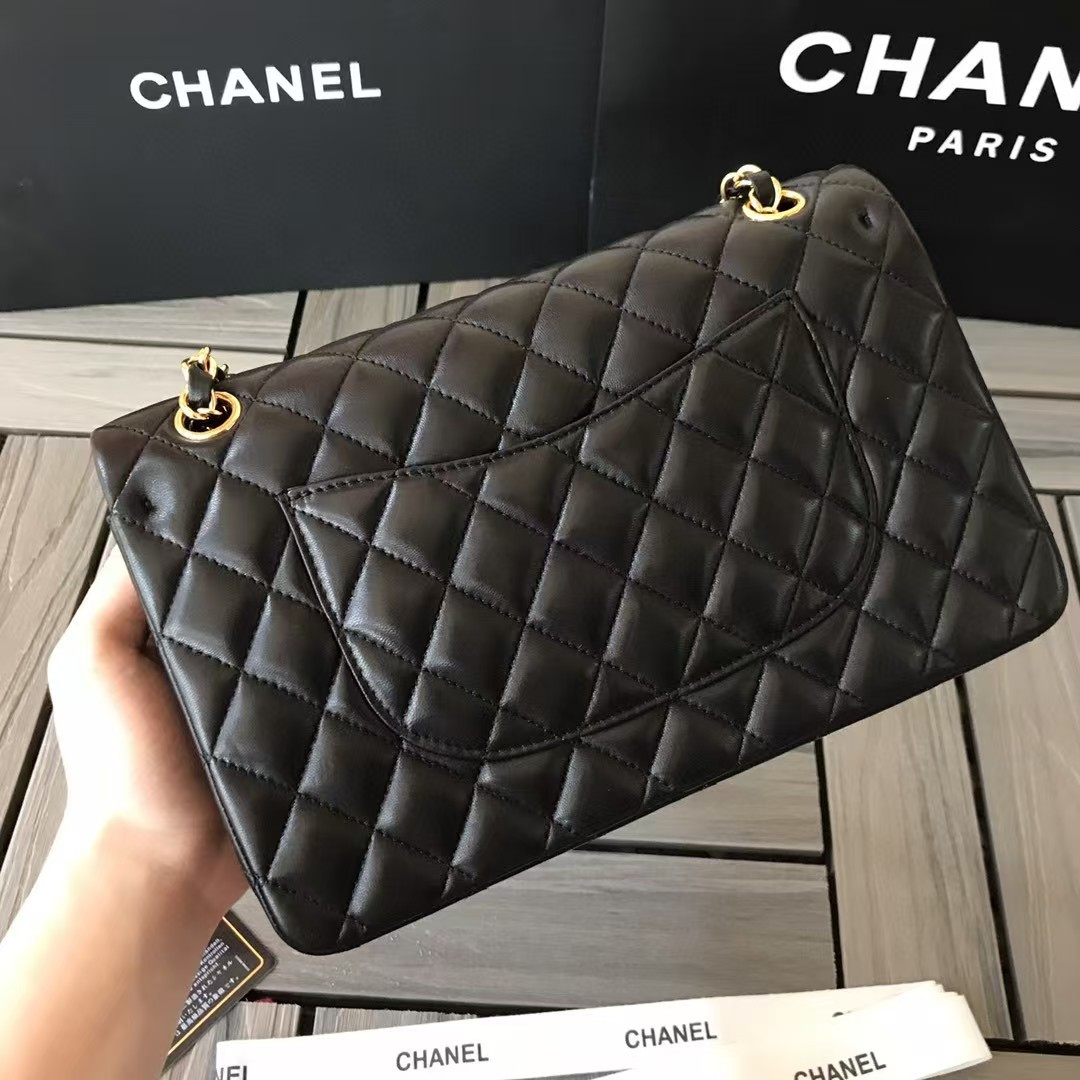 Ch*el small classic handbag gold  metal black 14.5×23×6cm