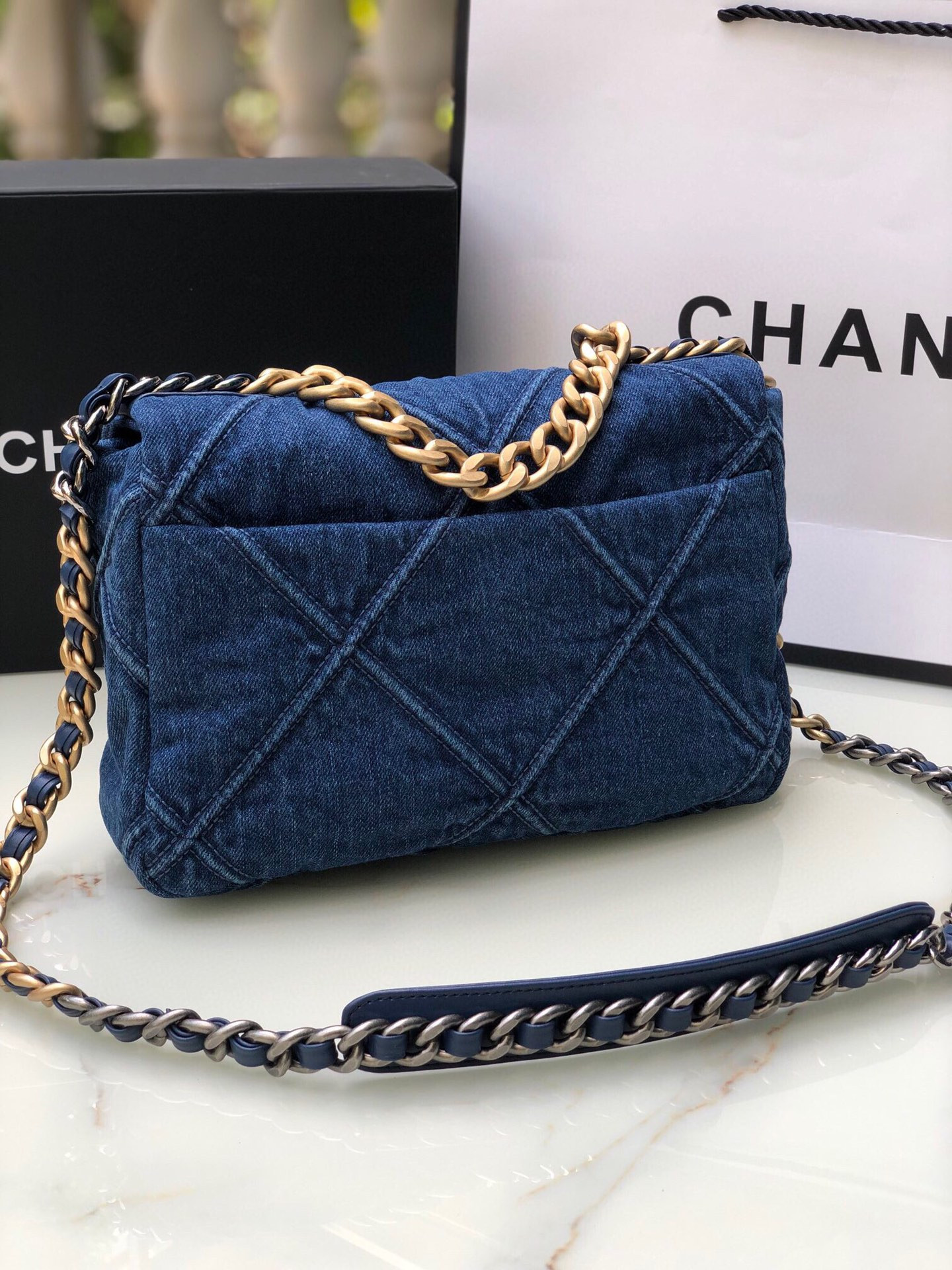 Ch*el 19 handbag ruthenium-finish metal navy 6.2 × 10.1 × 3.5 in