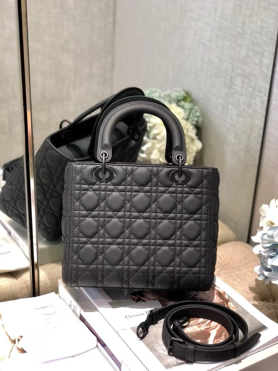 medium lady D*or bag 9.5 x 8 x 4.5 inches