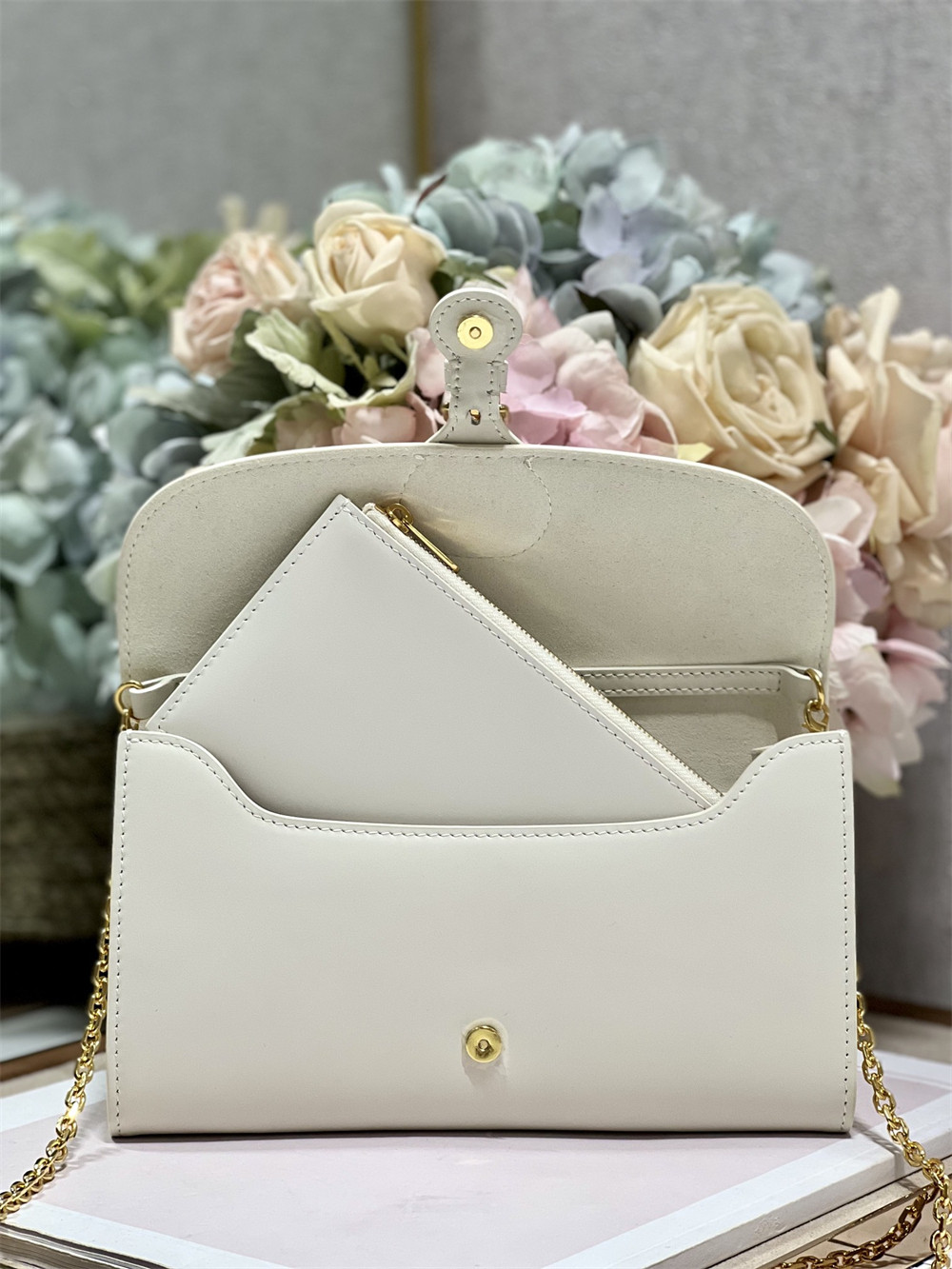 D*or bobby east-west pouch with chain latte smooth calfskin white