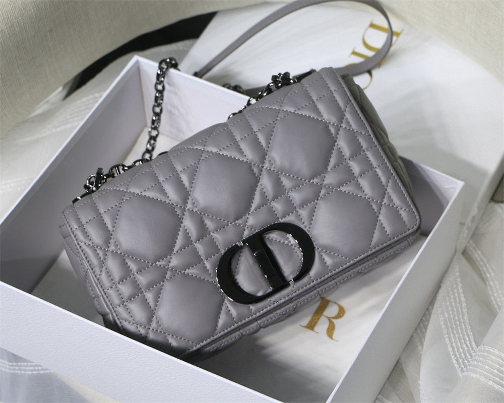 medium d*or caro bag grey S*pple cannage calfskin with black hardware 25.5 x 15.5 x 8 cm