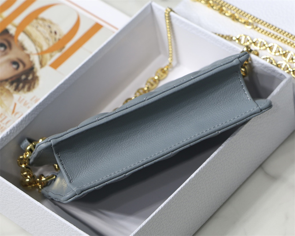 d*or caro zipped pouch with chain blue S*pple cannage calfskin 19 x 14 x 4.5 cm