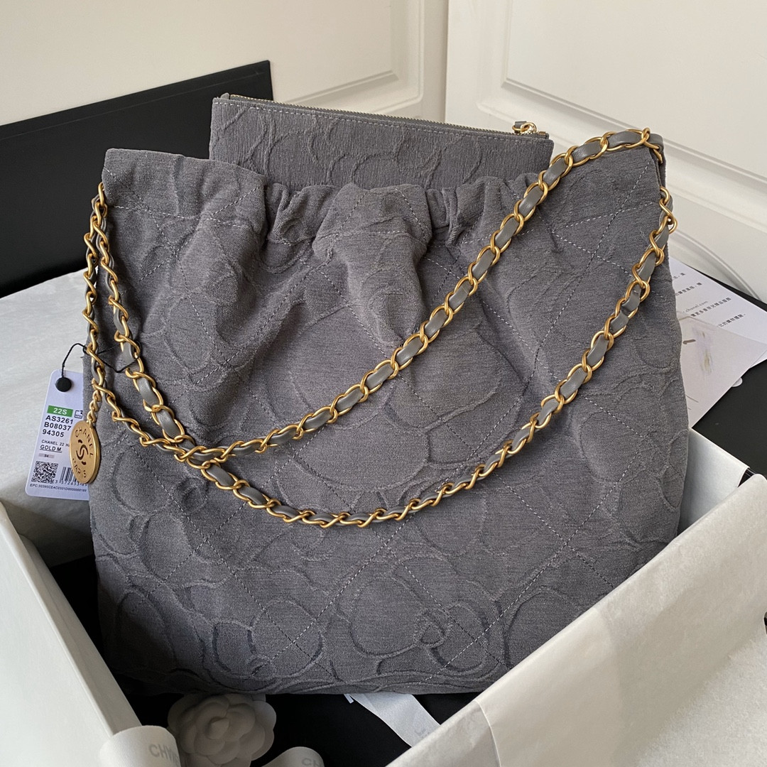 Ch*el 22 handbag velvet grey 15.2×16.4×3.1 in
