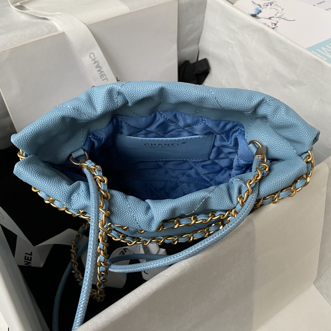 Ch*el 22 mini handbag grained leather blue 7.8 × 7.4 × 2.3 in
