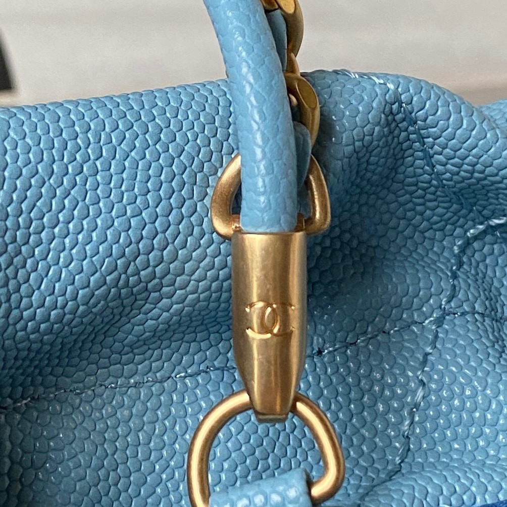 Ch*el 22 mini handbag grained leather blue 7.8 × 7.4 × 2.3 in