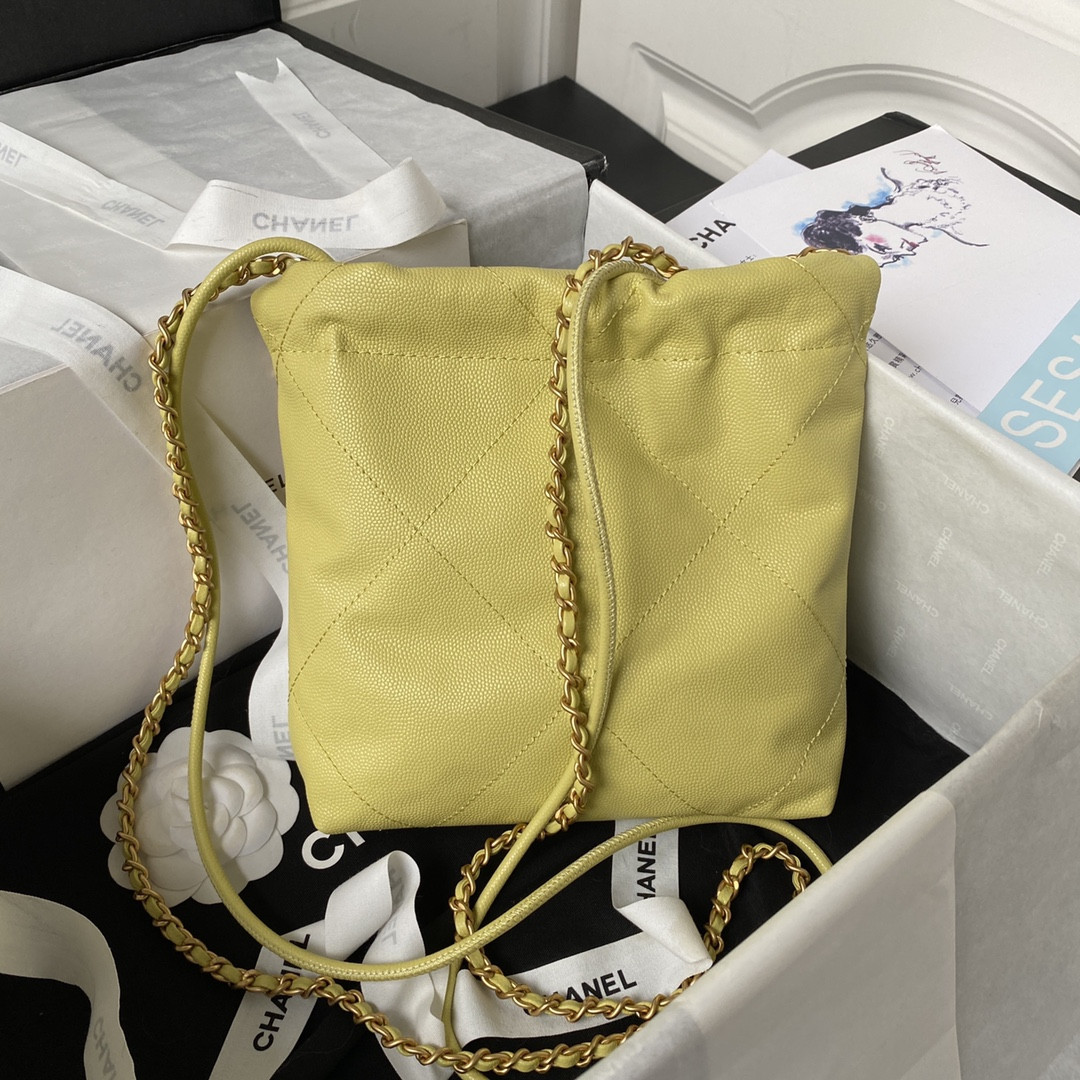 Ch*el 22 mini handbag grained leather yellow 7.8 × 7.4 × 2.3 in