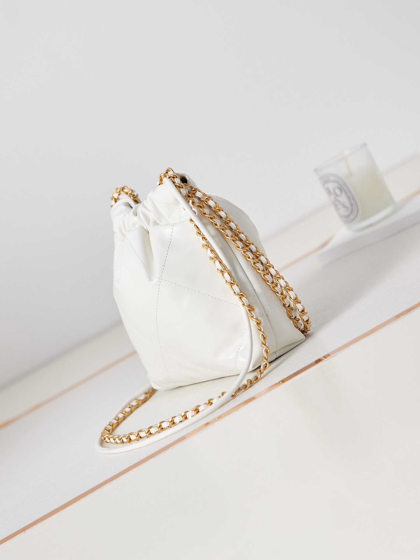 Ch*el 22 mini handbag shiny calfskin & gold-tone metal white 7.8 × 7.4 × 2.3 in