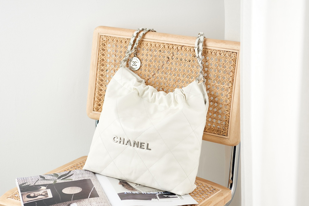 Ch*el 22 small handbag shiny calfskin white 13.7×14.4×2.7 in
