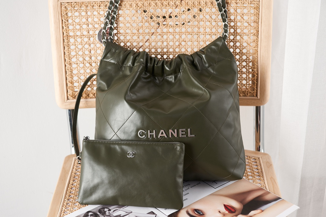 Ch*el 22 small handbag shiny calfskin & silver metal black 13.7×14.4×2.7 in