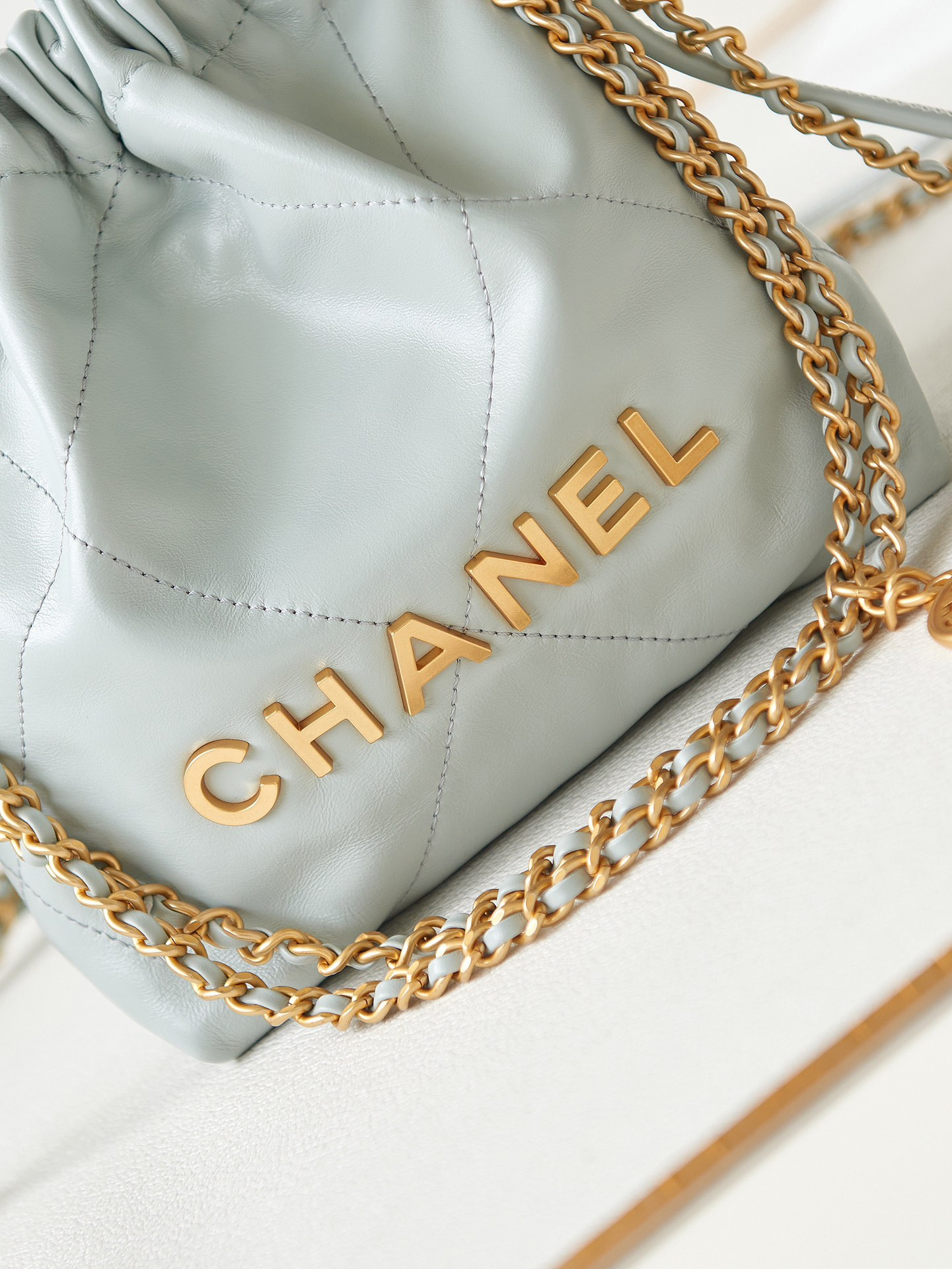 Ch*el 22 mini handbag shiny calfskin light blue 7.8 × 7.4 × 2.3 in