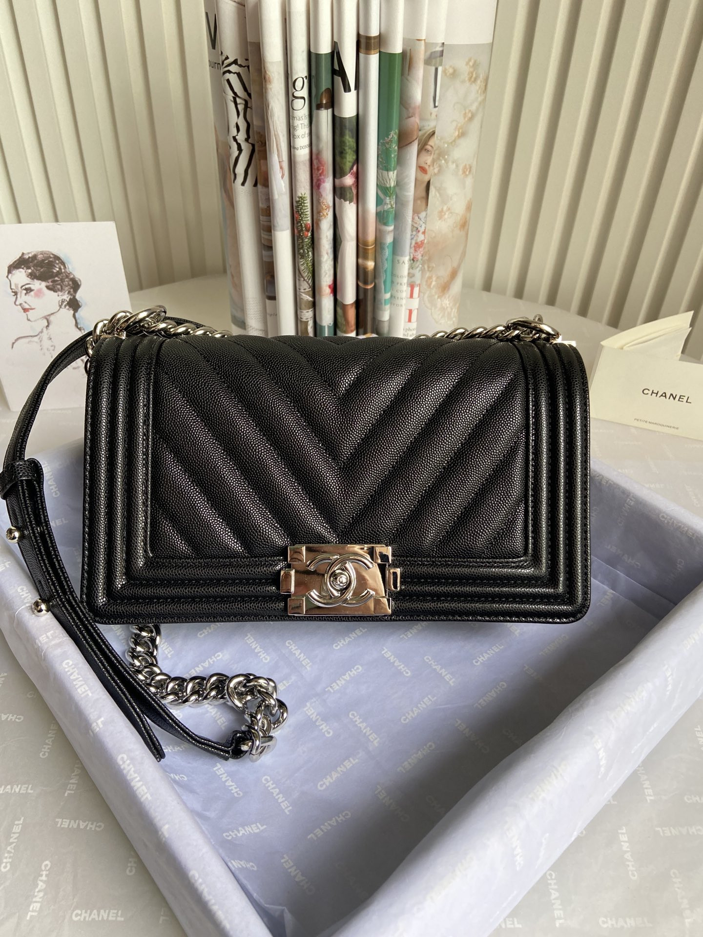 boy Ch*el handbag shiny grained calfskin & silver-tone metal black 5.9 × 9.8 × 3.5 in