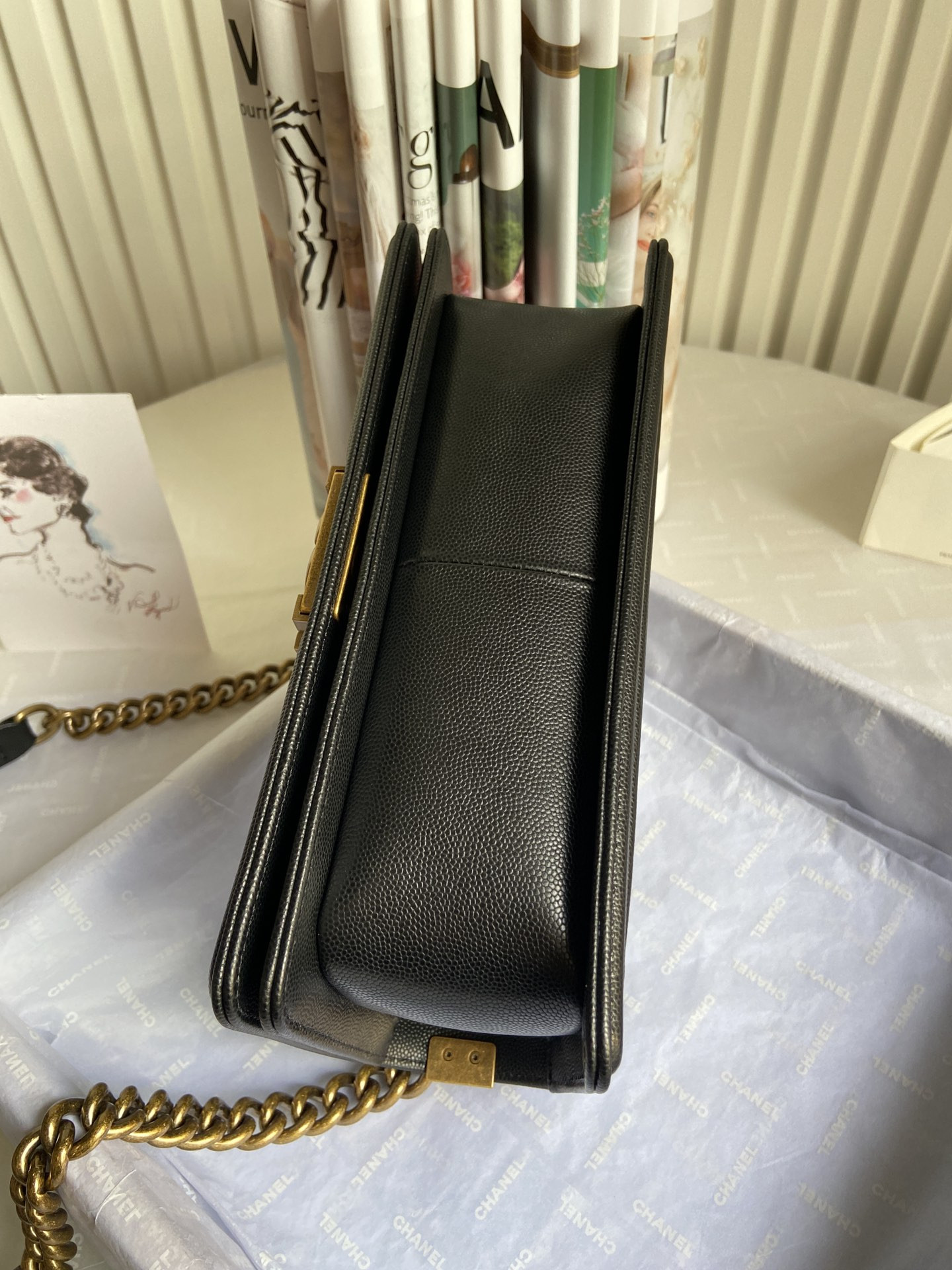boy Ch*el handbag shiny grained calfskin black 5.9 × 9.8 × 3.5 in