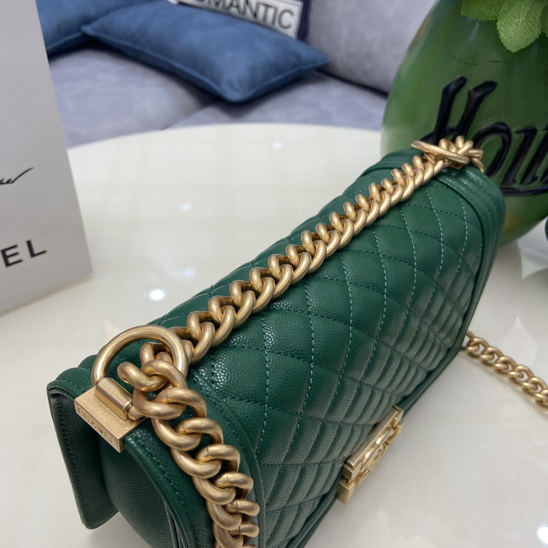 boy Ch*el handbag shiny grained calfskin & gold-tone metal green 5.9 × 9.8 × 3.5 in