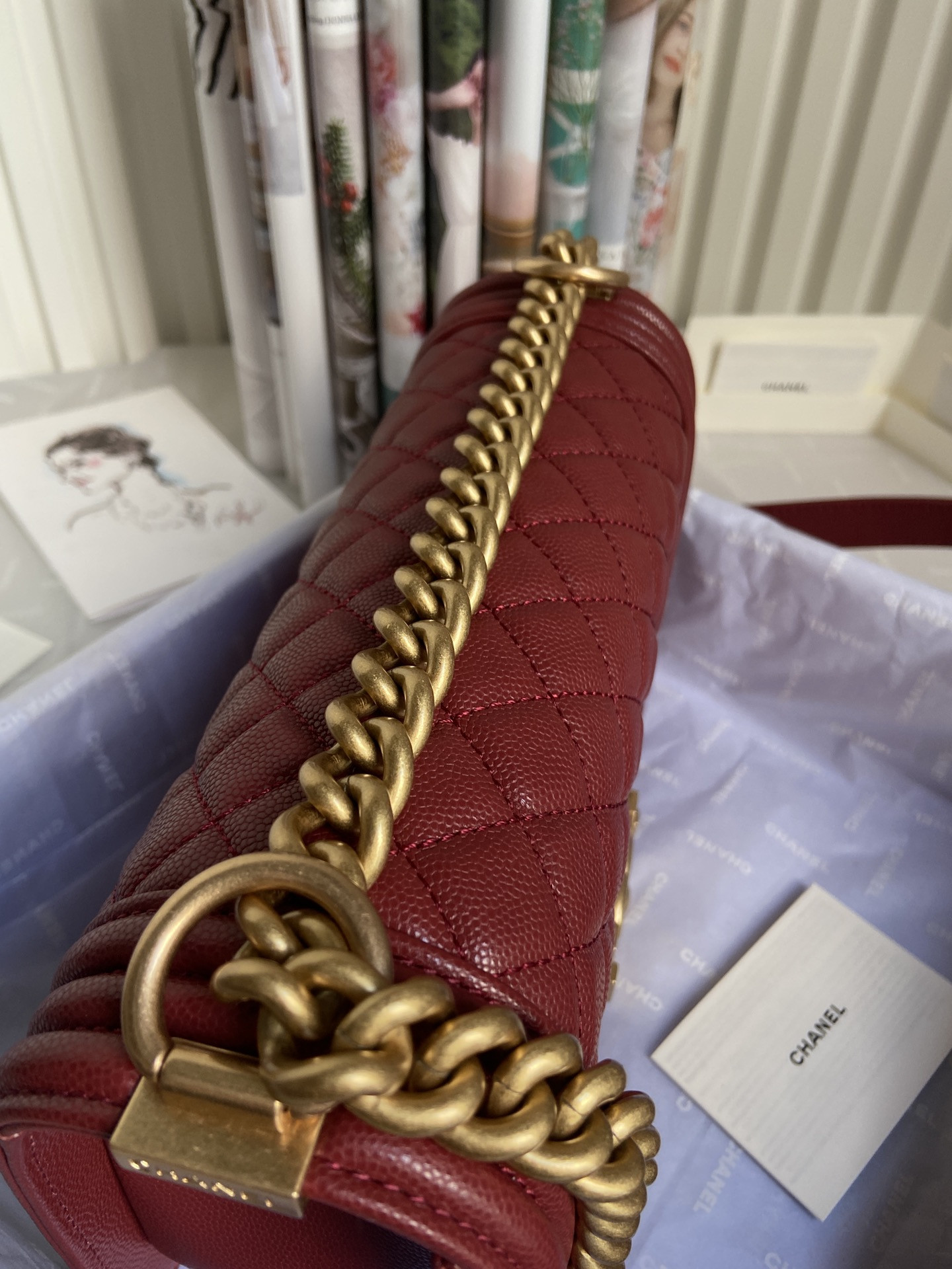boy Ch*el handbag shiny grained calfskin & gold-tone metal red 5.9 × 9.8 × 3.5 in