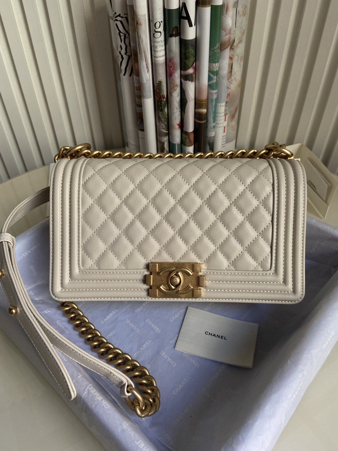 boy Ch*el handbag shiny grained calfskin & gold-tone metal beige 5.9 × 9.8 × 3.5 in