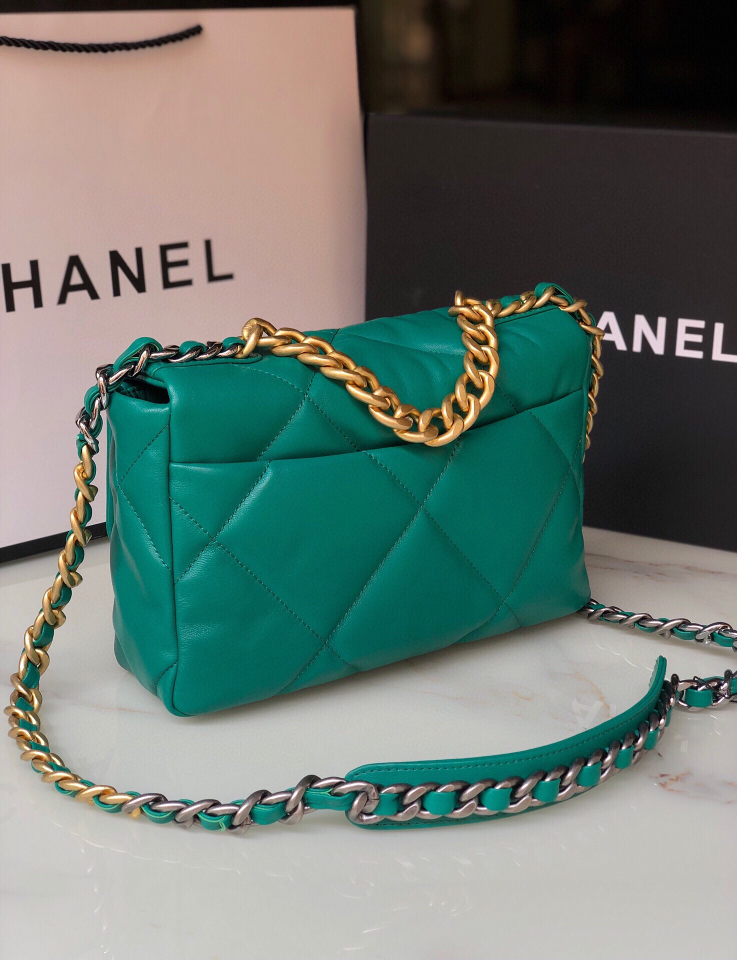 Ch*el 19 handbag shiny leather, gold-tone, silver-tone & ruthenium-finish metal green 6.2 × 10.1 × 3.5 in
