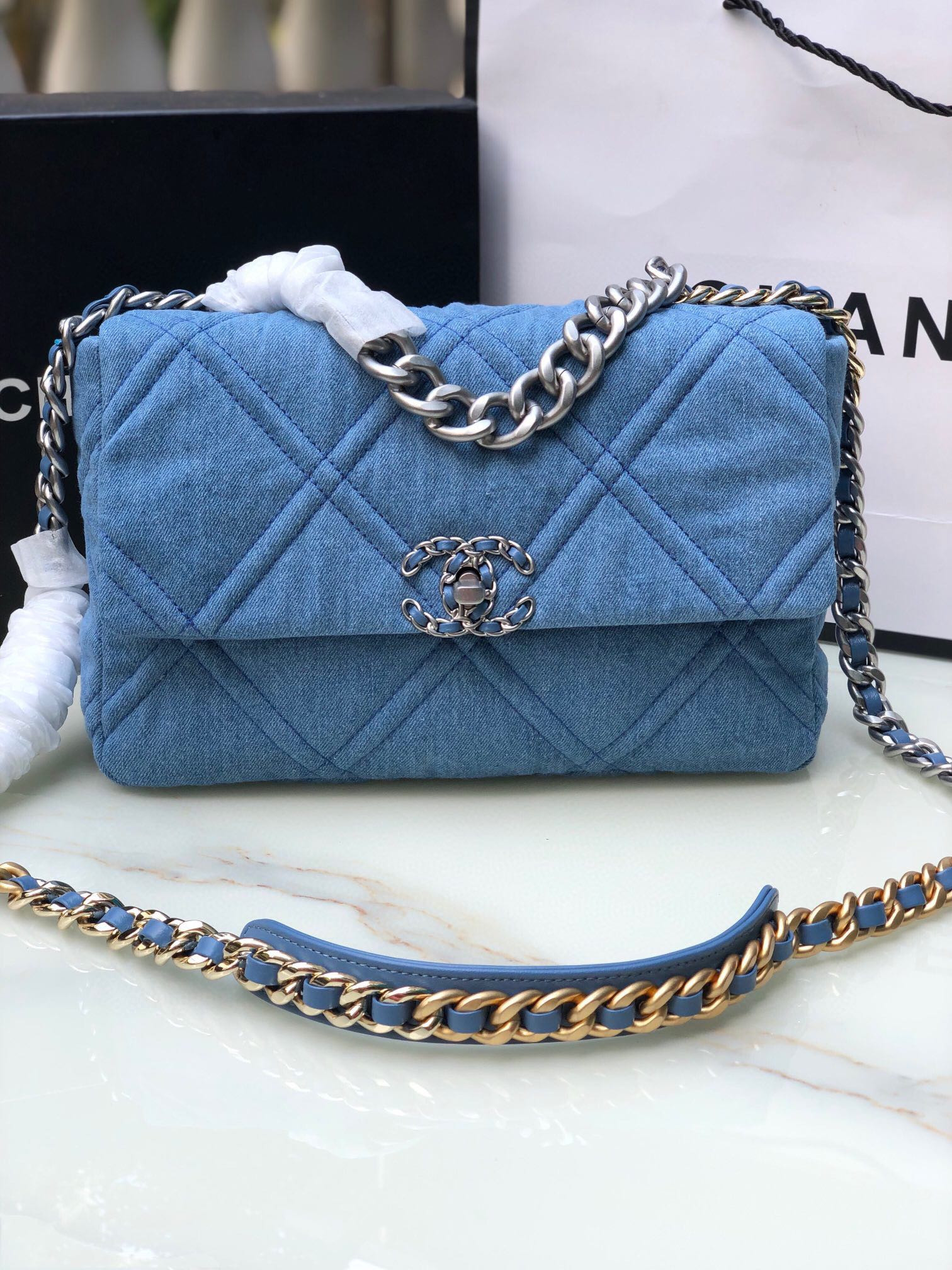 Ch*el 19 large handbag, gold-tone, silver-tone & ruthenium-finish metal blue 7.8 × 11.7 × 3.9 in