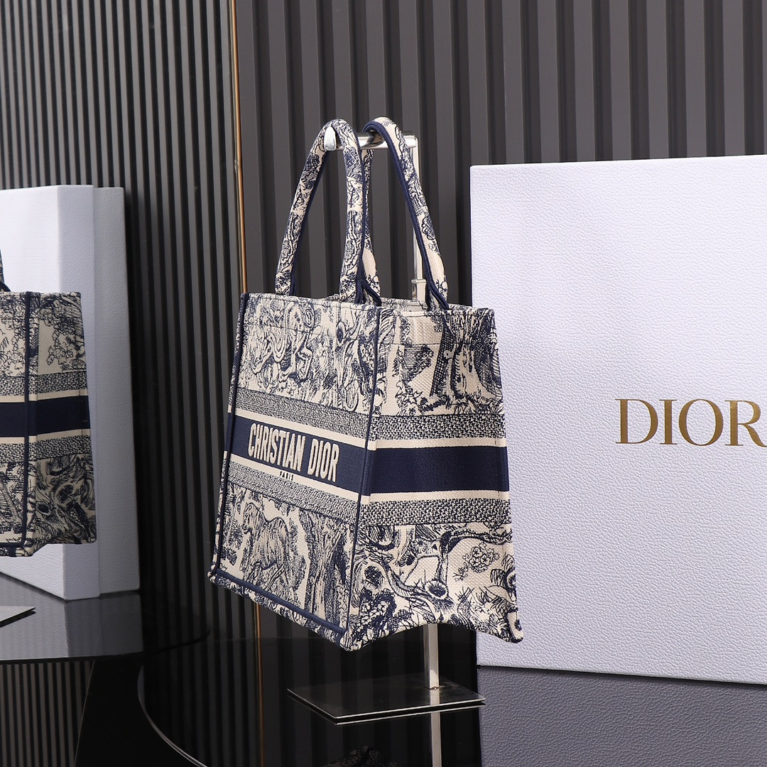 medium D*or book tote  ecru and blue toile de jouy embroidery 14 x 11 x 6.5 inches