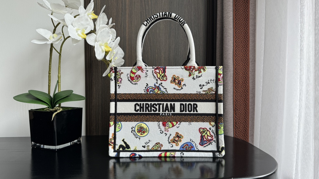 small D*or book tote white multicolor dragon zodiac embroidery 10.5 x 8.5 x 5.5 inches