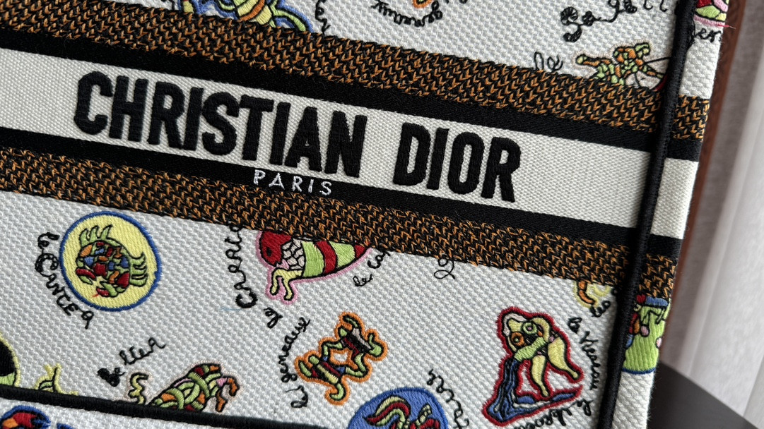 small D*or book tote white multicolor dragon zodiac embroidery 10.5 x 8.5 x 5.5 inches