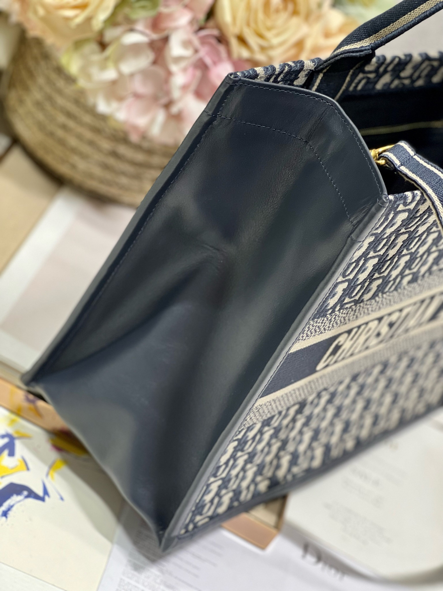medium D*or book tote ecru and blue D*or oblique embroidery 14 x 11 x 6.5 inches