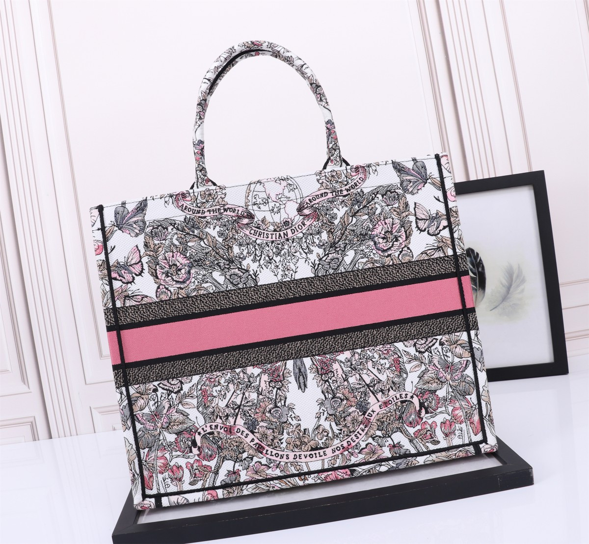 large D*or book tote white and pastel pink butterfly around the world embroidery 16.5 x 14 x 7.5 inches