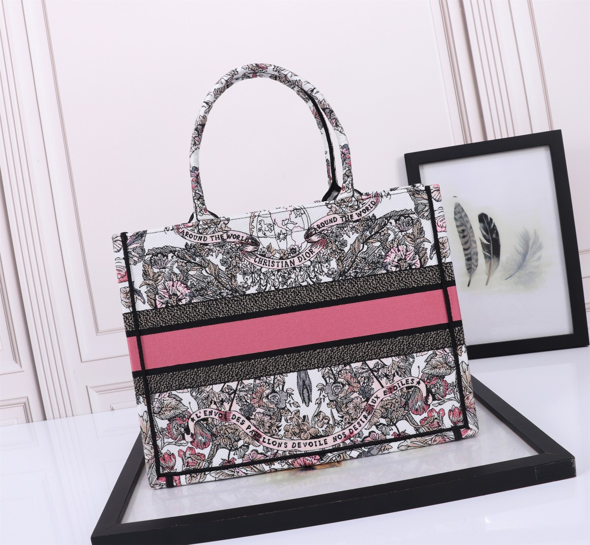 medium D*or book tote  white and pastel pink butterfly around the world embroidery 14 x 11 x 6.5 inches