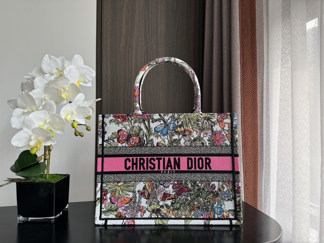 medium D*or book tote  white multicolor mexico millefiori embroidery 14 x 11 x 6.5 inches