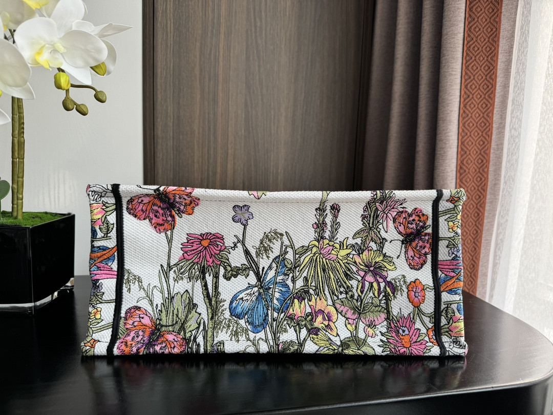 medium D*or book tote  white multicolor mexico millefiori embroidery 14 x 11 x 6.5 inches