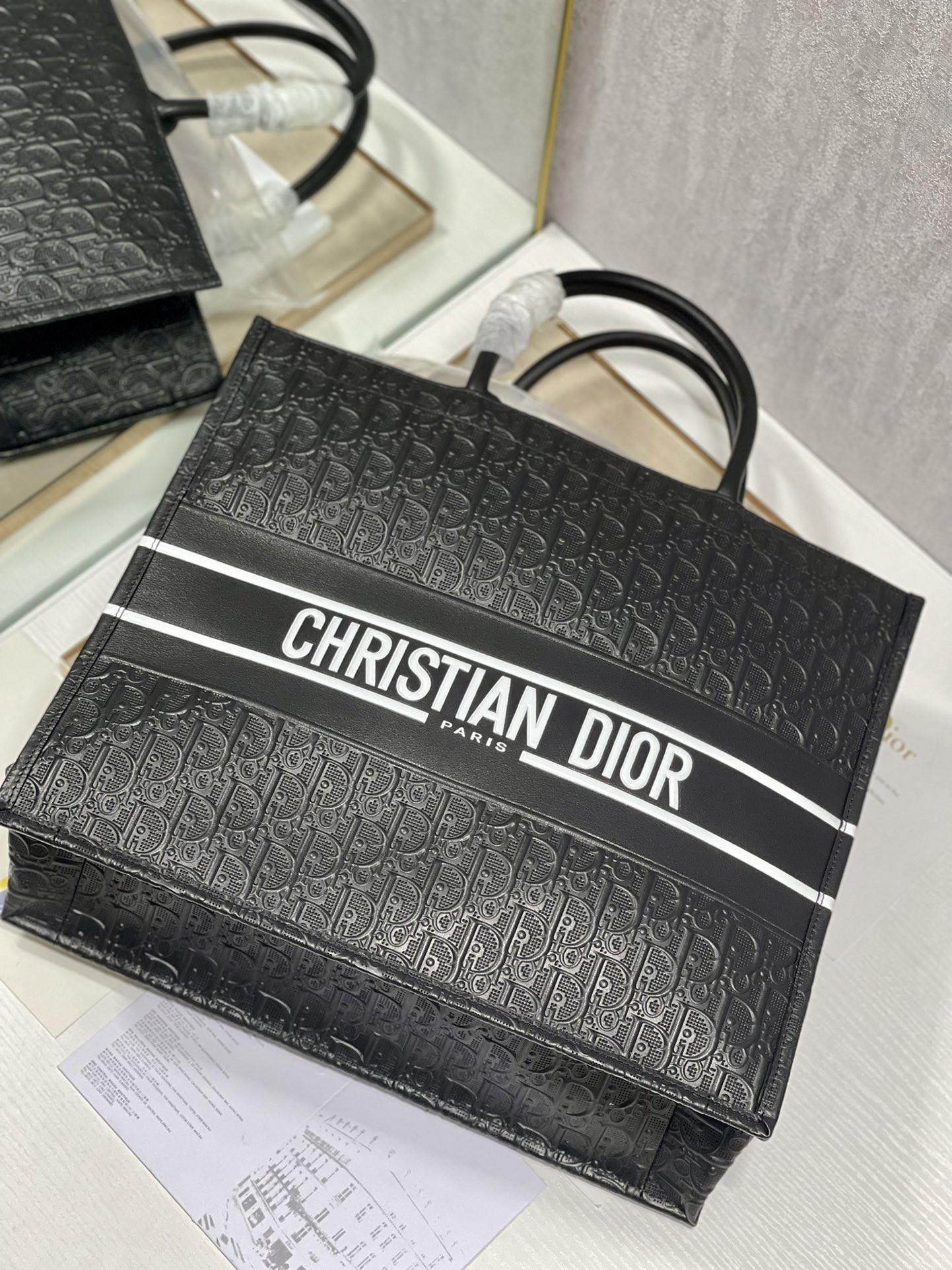 large D*or book tote black white D*or oblique embossed calfskin 16.5 x 14 x 7.5 inches