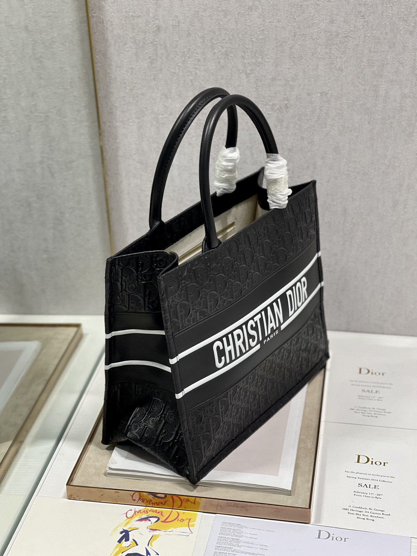 calfskin embossed medium D*or book tote black white 14 x 11 x 6.5 inches