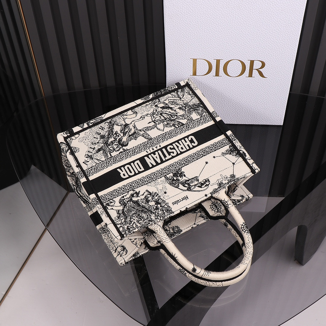 small D*or book tote latte and black toile de jouy zodiac embroidery 10.5 x 8.5 x 5.5 inches