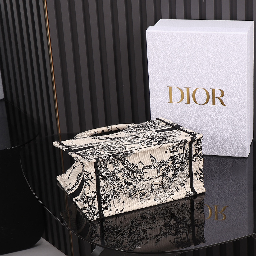 small D*or book tote latte and black toile de jouy zodiac embroidery 10.5 x 8.5 x 5.5 inches