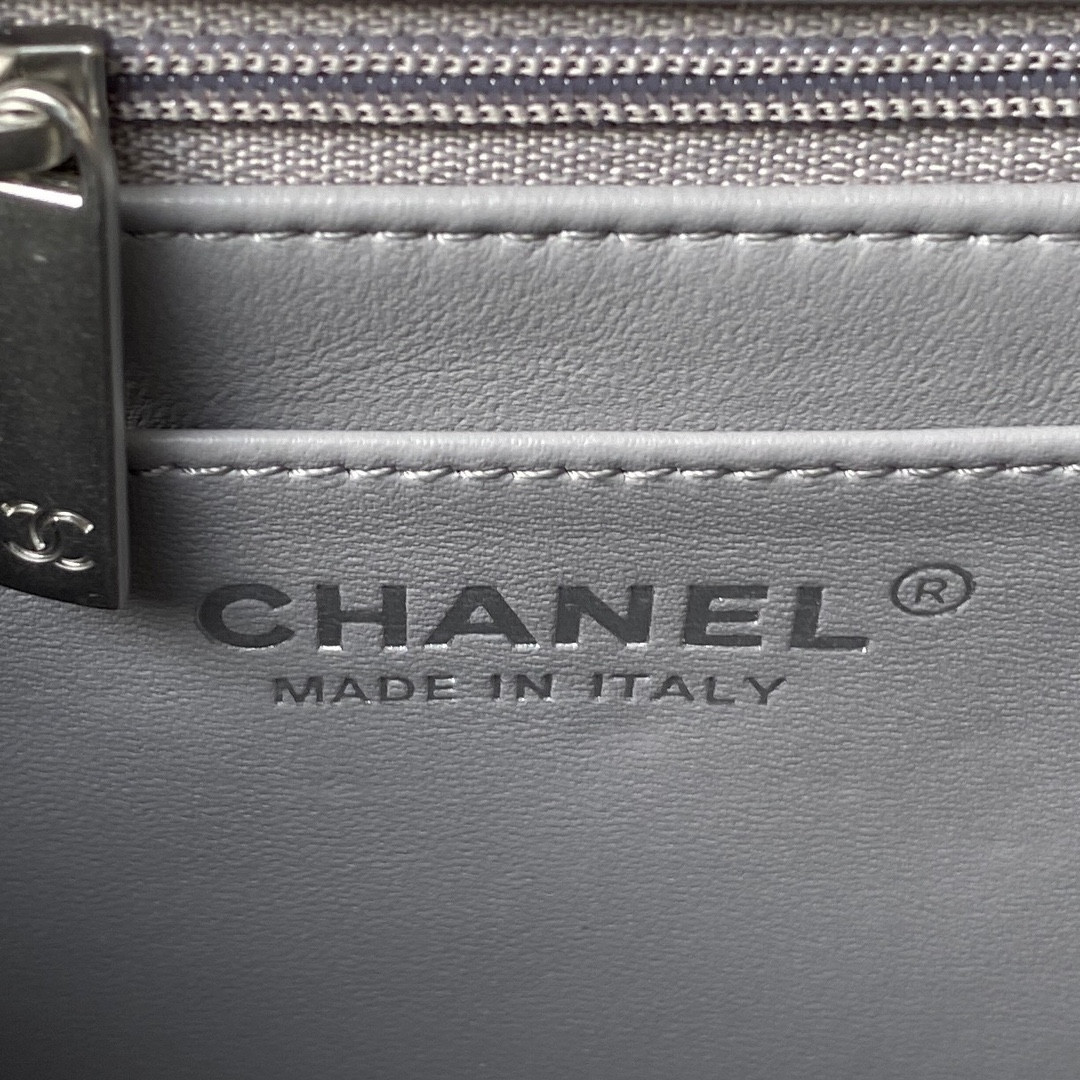 Ch*el mini flap bag shiny calfskin & silver-tone metal light gray 5.3 × 6.6 × 3.1 in