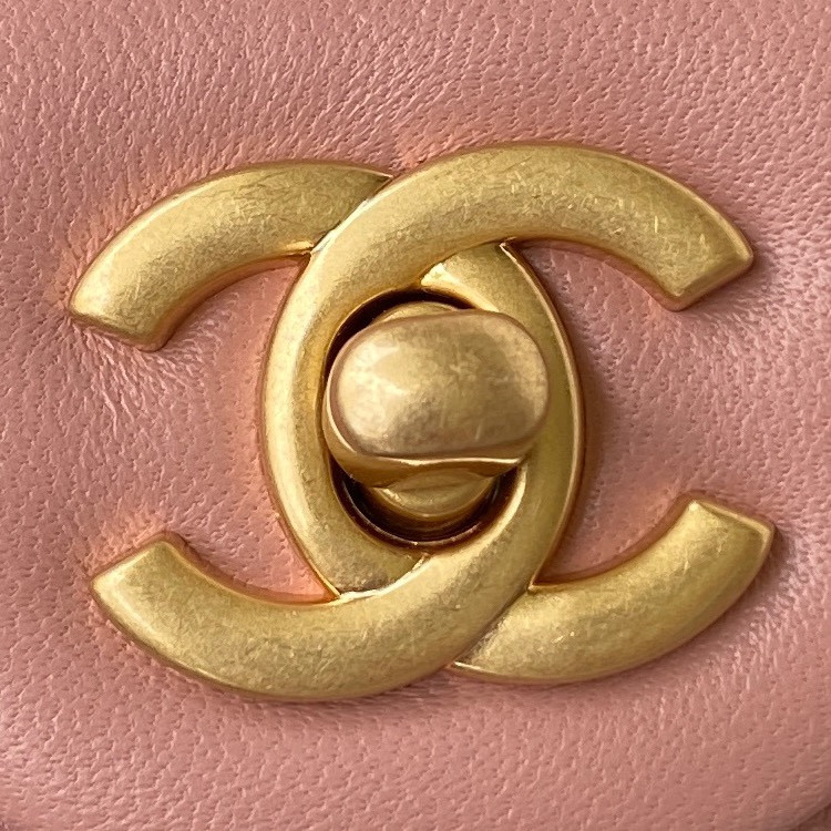 Ch*el mini flap bag shiny calfskin & gold-tone metal pink 4.7 × 7.8 × 2.3 in