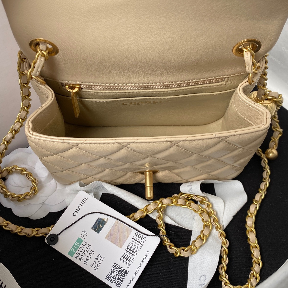 Ch*el mini flap bag shiny calfskin & gold-tone metal beige 5.3 × 6.6 × 3.1 in