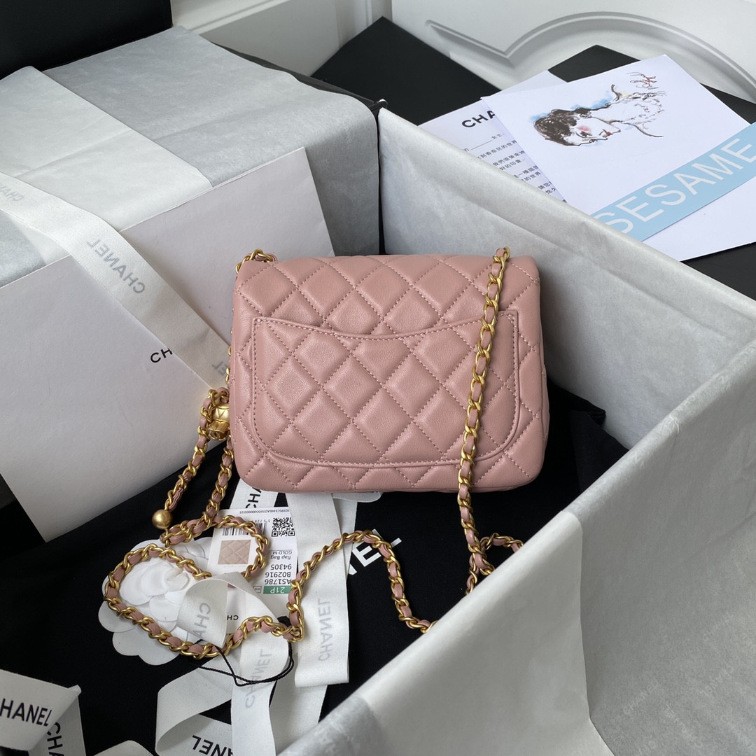 Ch*el mini flap bag shiny calfskin & gold-tone metal pink 5.3 × 6.6 × 3.1 in