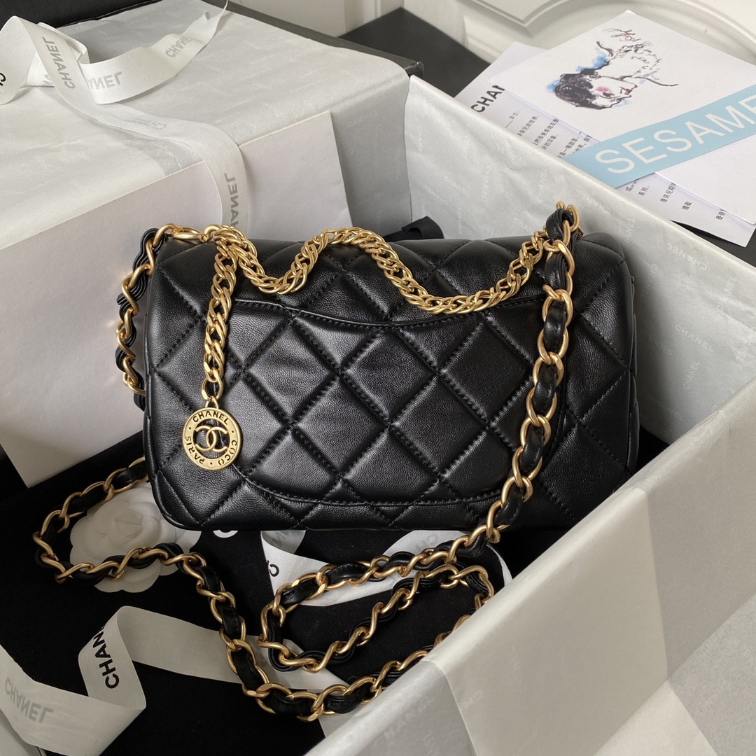 Ch*el small classic handbag grained shiny calfskin & gold-tone metal black 5.7 × 9 × 2.3 in