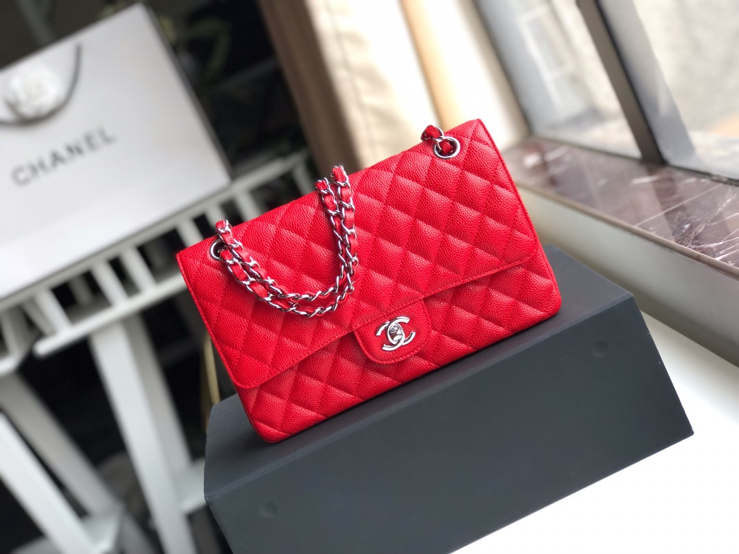 Ch*el classic handbag grained calfskin & silver-tone metal shiny red 6 × 9.9 × 2.5 in