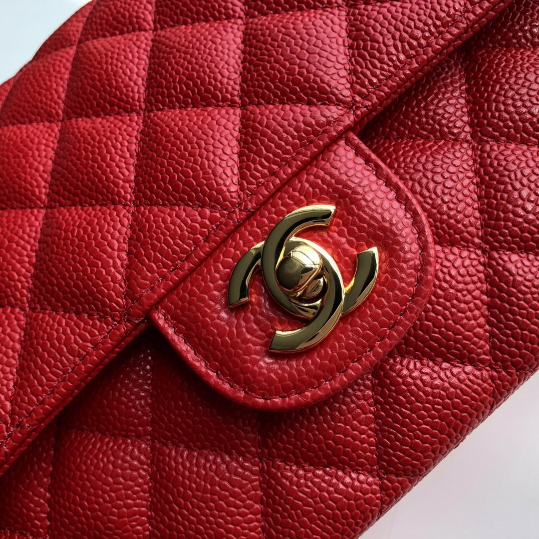 Ch*el classic handbag grained calfskin & gold-tone metal shiny red 6 × 9.9 × 2.5 in