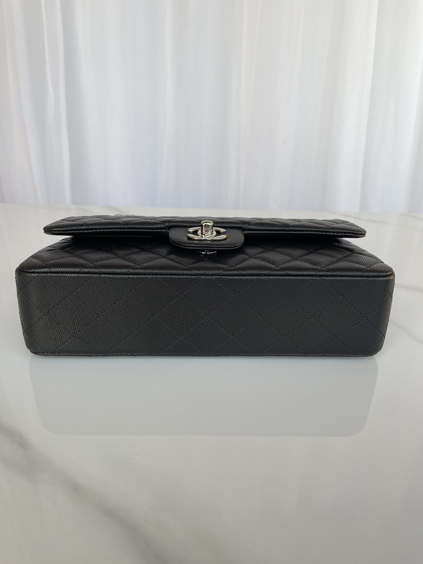 Ch*el classic handbag grained calfskin 6 × 9.9 × 2.5 in